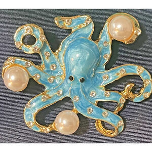 NWOT Octopus Brooch Pin Blue Enamel Imitation Pearl Rhinestone Gold Tone Brass